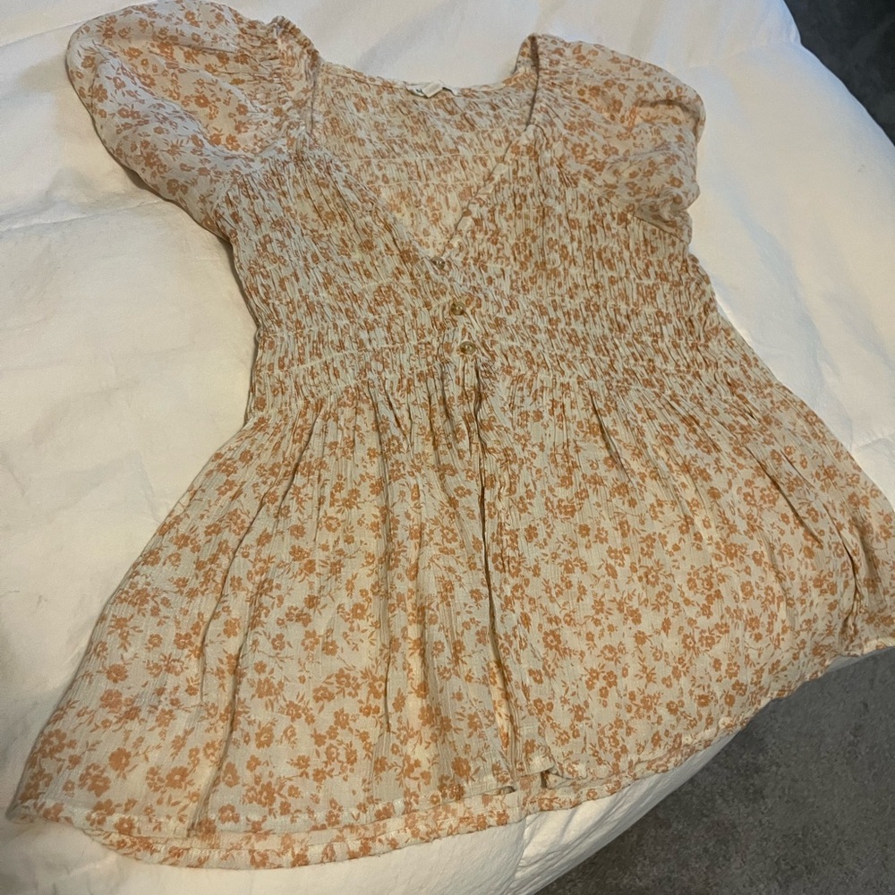 Blu Pepper Cream Smocked V Neck Front Cap Sleeve Blouse